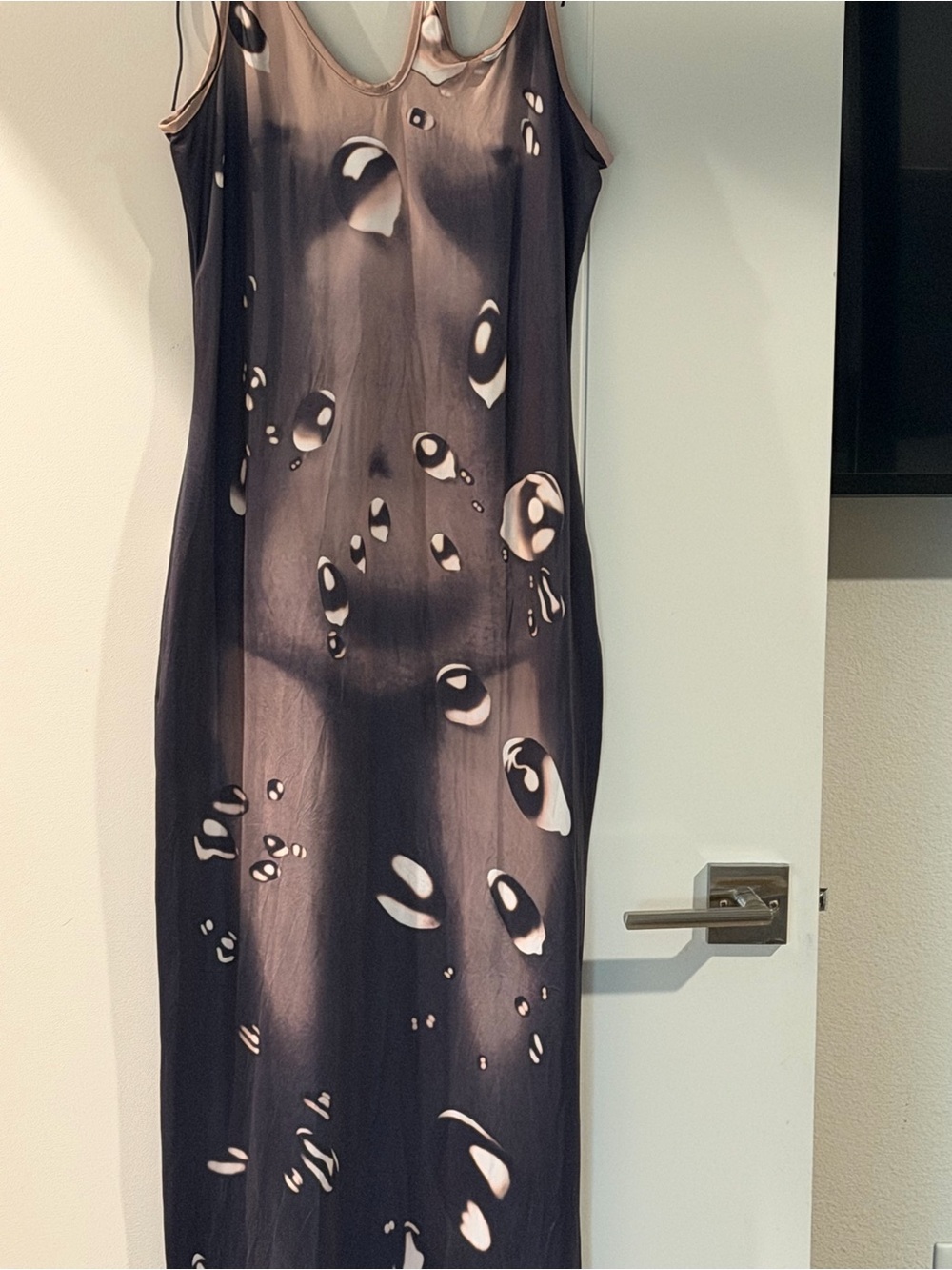 Fashion Nova Black and Cream Water Droplet Print Maxi Dress